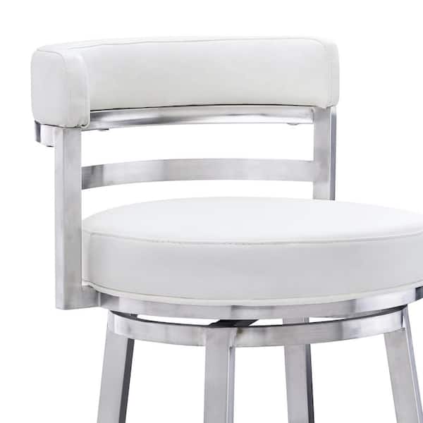 Madrid Contemporary 26 in. Counter Height Bar Stool in Brushed Stainless Steel and White Faux Leather