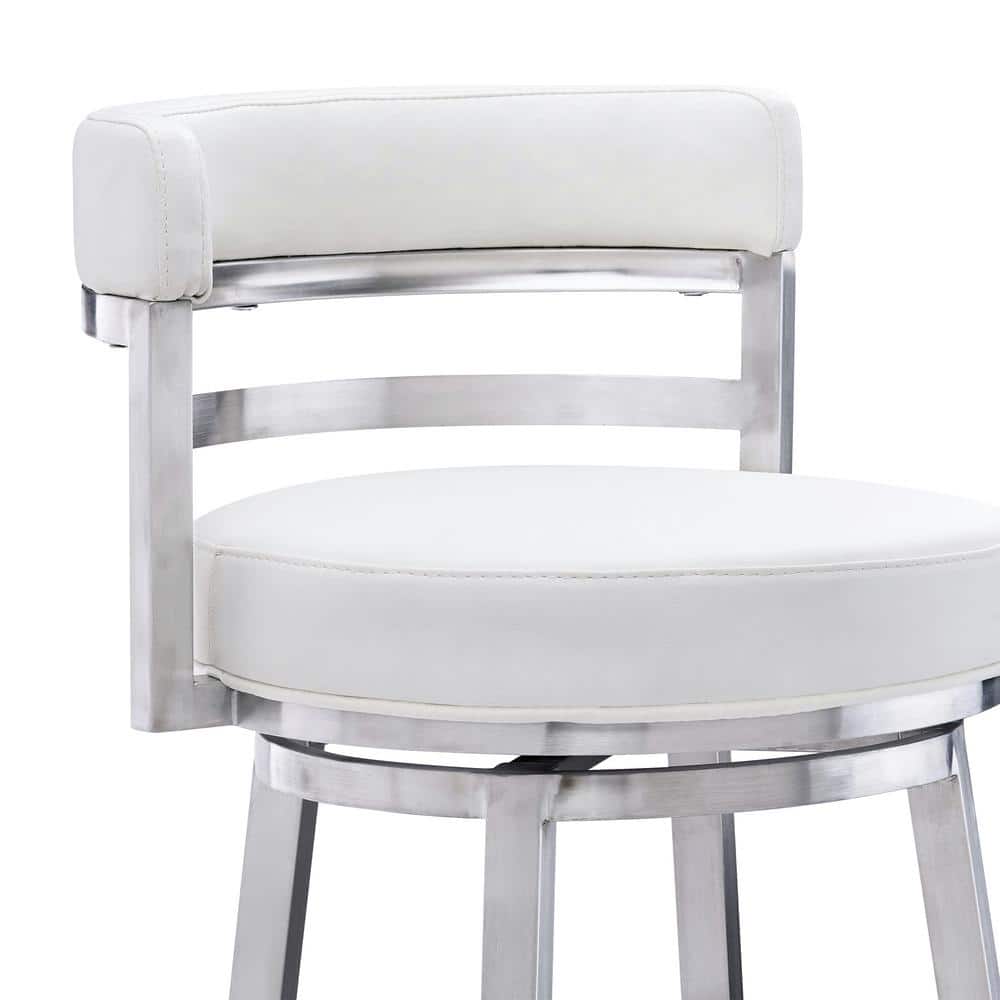 Madrid 30" White Faux Leather Swivel Bar Stool with Brushed Metal Frame