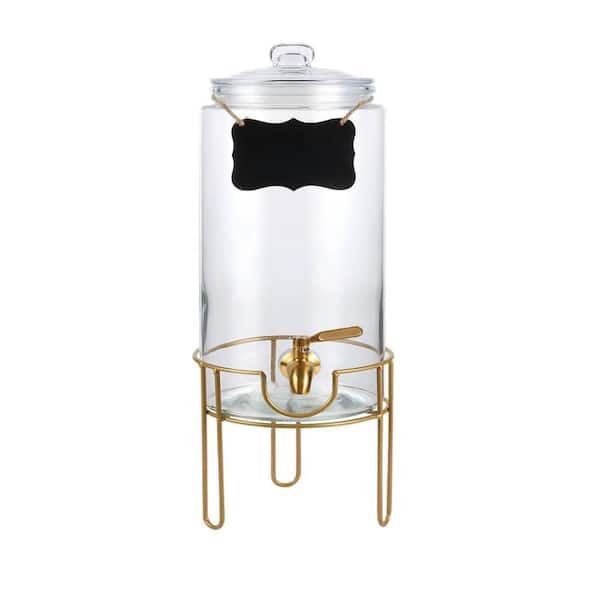 Elegant 1 Gal. Clear Glass Beverage Dispenser with Stand Included, Gold Stainless Steel Spigot, Ideal for Lemonade Juice