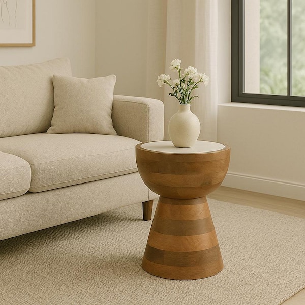 13 in. White/Natural Round Wood Hourglass Marble Top End Table