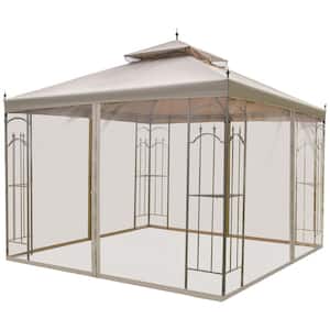 10 ft. x 10 ft. Brown Double Roof Patio Gazebo with Corner Frame Shelves, Netting, for Patio, Wedding, Catering