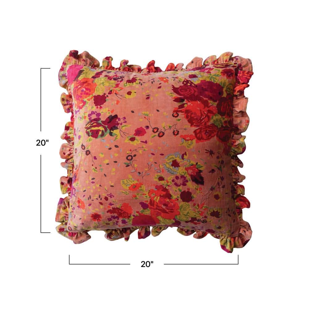 Multicolor Floral Velvet Square Pillow with Ruffle Trim