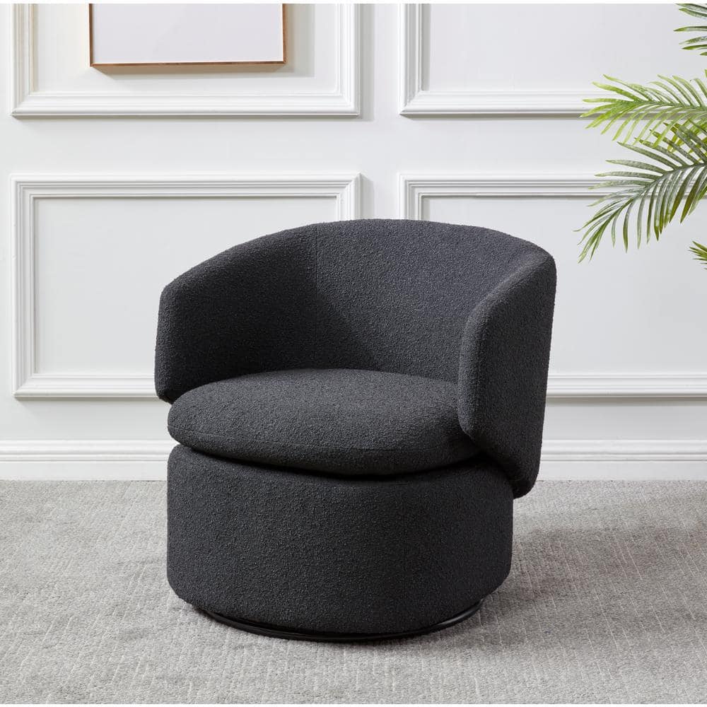 Elegant Black Boucle 31" Swivel Barrel Chair