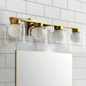 Austin 28.35 in. 4-Light Classic Brass Integrated LED Adjustable 3 CCT Vanity Light with White and Clear Glass Shade