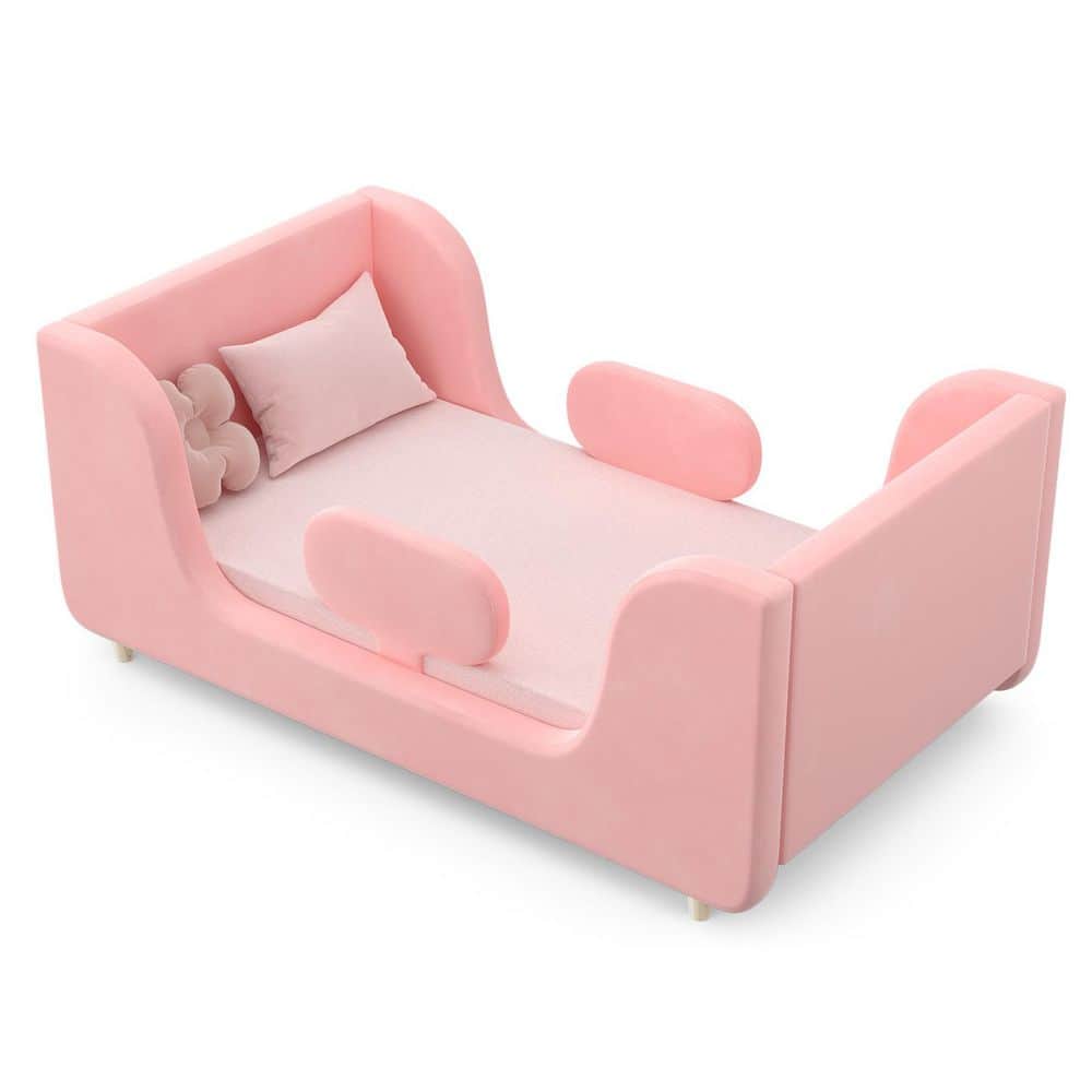 Toddler Floor Bed with Removable Safety Rails Kids Bed Standard Crib Size Toddler Upholstered Bed, Pink -  BOZTIY
