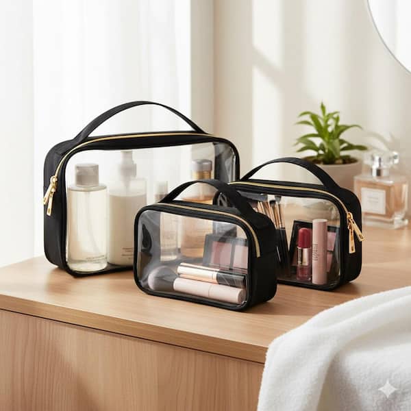 Black Quart Size Clear Toiletry Bag with Handles, TSA Approved PVC Cosmetic Bag for Travel, 3 Pack