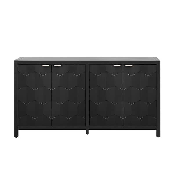 59.6 in. W x 15.7 in. D x 32 in. H Black Linen Cabinet with Honeycomb Patterned Doors, Offering Ample Storage