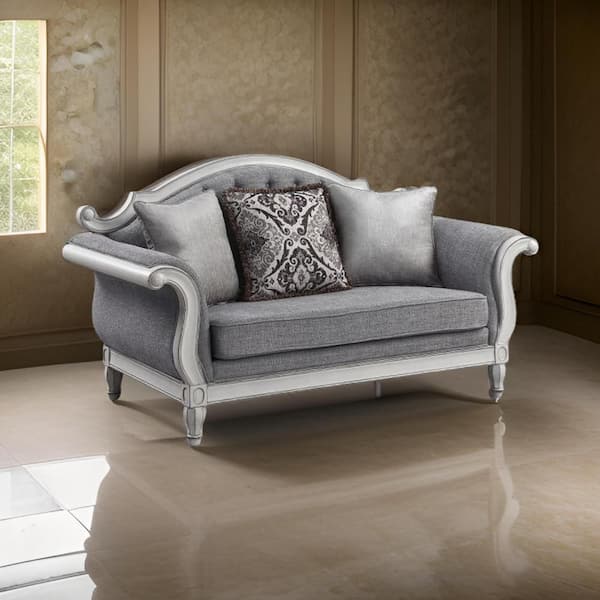 Benjara 35 in. Gray and White Solid Print Fabric 2-Seater Loveseat with 3 Pillows