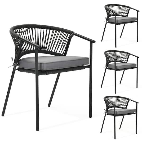 DEXTRUS Outdoor Patio Hemp Rope Dining Chairs with Gray Cushions (4-Pack)