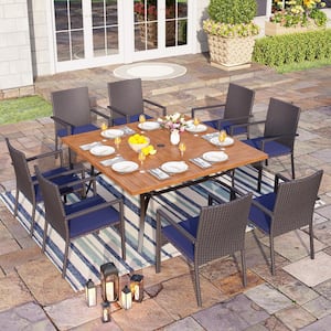 Black 9-Piece Metal Square Patio Outdoor Dining Set with Wood Finish Table and Rattan Chair with Blue Cushion