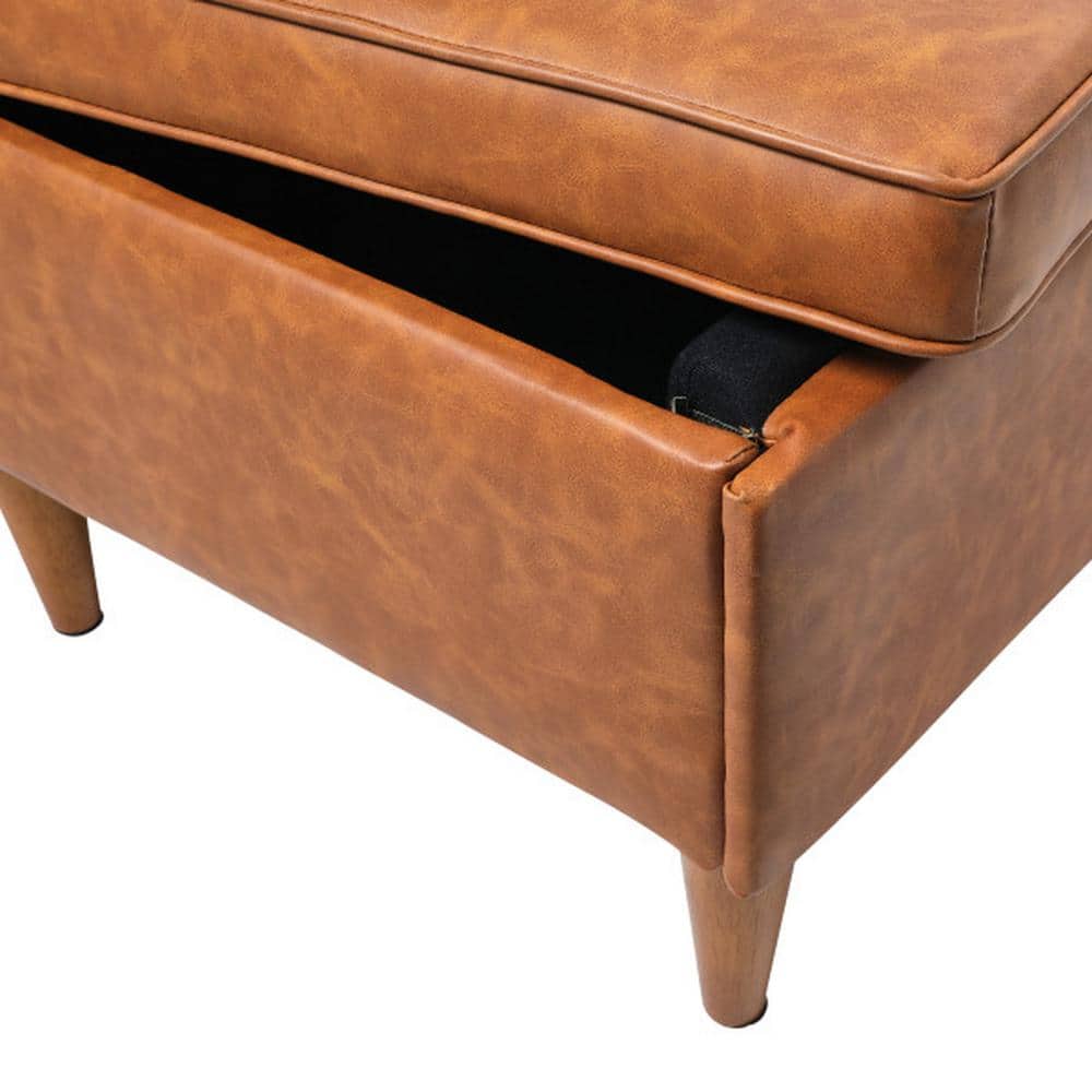 Atley Cognac Vegan Leather Storage Ottoman with Solid Wood Legs