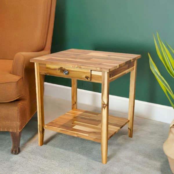 Solid Acacia Wood 22 in. Natural End Table with Drawer and Shelf