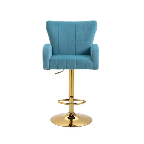 ATHMILE 41 in. Blue Low Back Metal Frame Adjustable Bar Stool with Velvet Seat (Set of 1)