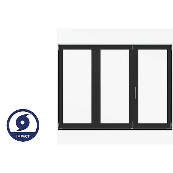 108 in. x 80 in. F4500 Left-Hand Black/White Fiberglass 3-Panel Folding Patio Door w/Low-E Impact Glass, Nickel Handle