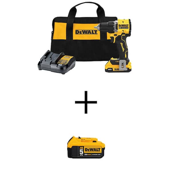 DEWALT ATOMIC 20V Lithium-Ion Cordless Compact 1/2 in. Drill/Driver Kit with Premium 5Ah Battery, 2Ah Battery, Charger and Bag
