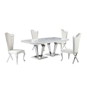 Crownie Cream/Silver Faux Marble Rectangle Dining Set (5-piece)