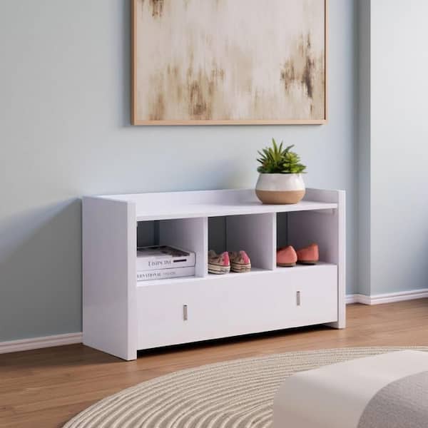 18.75 in. H x 11.5 in. W White Wood Shoe Storage Cabinet with 3-Open Shelves and 1-Drawer