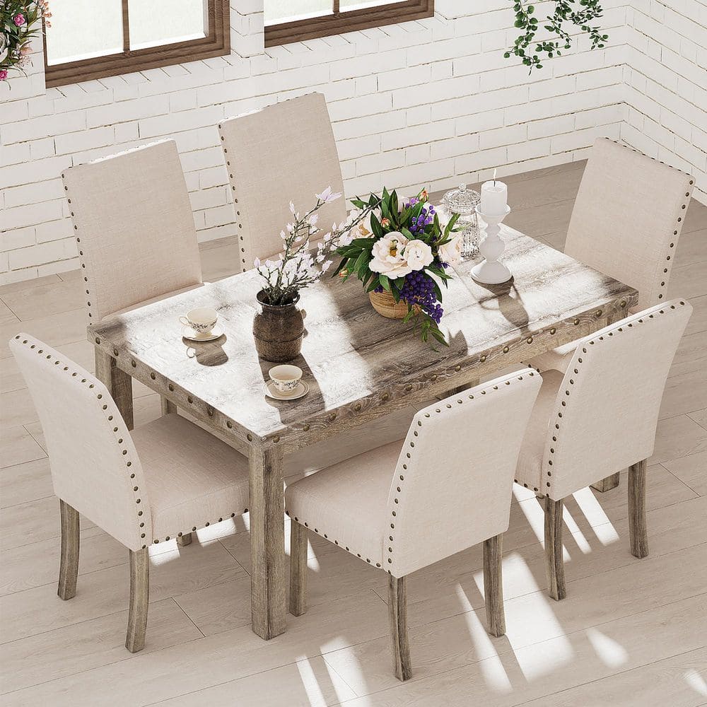 7-Pieces Rectangular Wood Tone Wooden Top Dining Table Set 6 Seats price history on PriceWatchPro