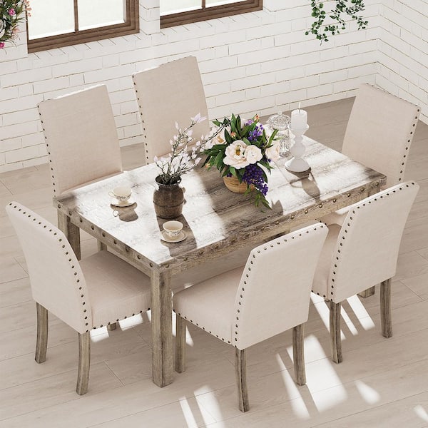 Morden Fort 7-Pieces Rectangular Wood Tone Wooden Top Dining Table Set 6 Seats