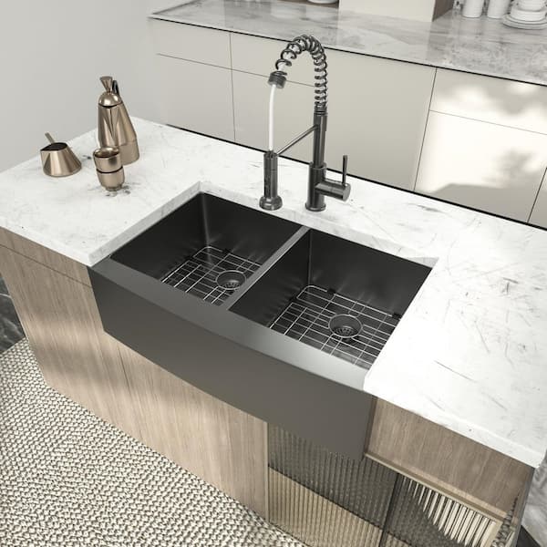 36 in. Gunmetal Black 16-Gauge Stainless Steel Double Bowl 50/50 Farmhouse Apron Kitchen Sink