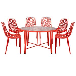 Devon Red 7-Piece Aluminum Patio Outdoor Dining Set with Glass Top Table and 6 Stackable Chairs