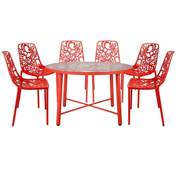 Leisuremod Devon Red 7-Piece Aluminum Patio Outdoor Dining Set with Glass Top Table and 6 Stackable Chairs