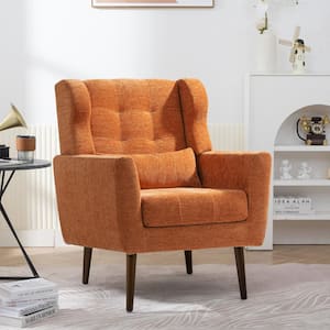 Orange Chenille Fabric Upholstered Accent Chair with Waist Pillow, Wood Legs with Pads