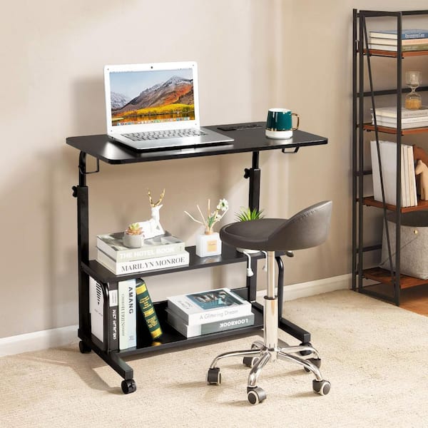 Karl home Rolling and Height Adjustable 31.5 in. Rectangle Black Metal Wood Computer Desk Laptop Table with 2 USB Ports