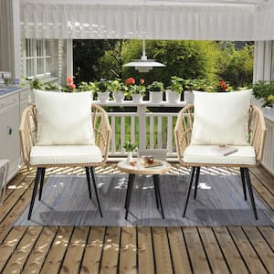 3Piece Wicker Patio Conversation Set Outdoor Bistro Furniture Set 2 Rocking Chairs, Glass Side Table with Beige Cushions