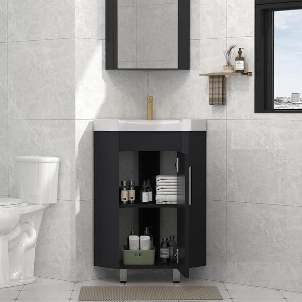 24" Freestanding Corner Single Black Bath Vanity with White Ceramic Sink Top Unassembled