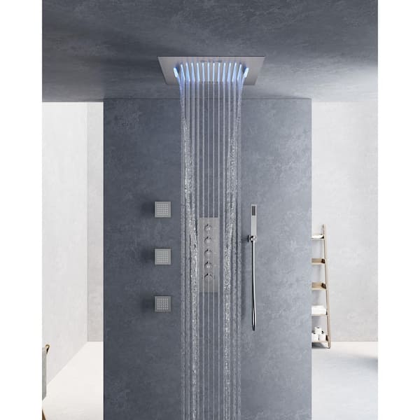 YAWWALK Thermostatic 15-Spray 20 in. Square LED Mood Lighting Bluetooth Music Shower System with Valve in Brushed Nickel