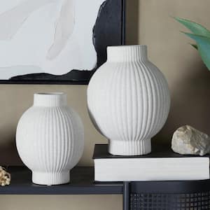 11 in., 9 in. White Ribbed Ceramic Decorative Vase (Set of 2)