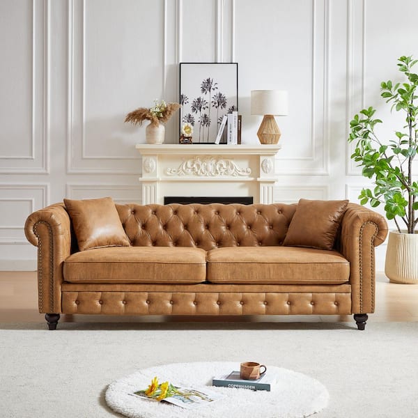 85.5 in. W Polyester 3-Seats Loveseat with Tufted Back, Rolled Arms, Wooden Legs in Brown