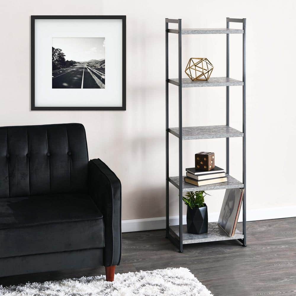Gray Concrete and Black Metal 5-Shelf Narrow Bookshelf