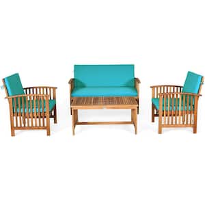 4-Piece Solid Wood Patio Conversation Set with Water Resistant Blue Cushion