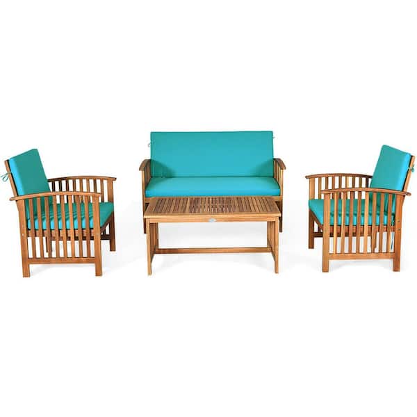 FORCLOVER 4-Piece Acacia Wood Patio Conversation Set with Turquoise Cushions
