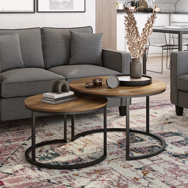 CorLiving Fort Worth 29 in. Brown Round Wood Grain Coffee Table with 2-Pieces