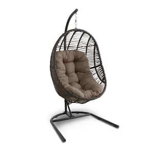 Fair Oaks Wicker Outdoor Patio Hanging Egg Lounge Chair with Base and Gray Cushion