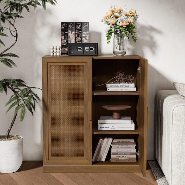 Walnut Wooden 36 in. H x 31 in. W Storage Cabinet with Adjustable Shelves China Cabinet Display Cabinet