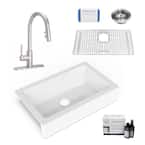 Elevate All-in-One Quick-Fit Fireclay 33.85 in. Single Bowl Undermount Farmhouse Kitchen Sink with Pfister Faucet