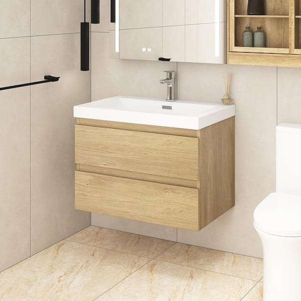 Staykiwi 29.6 in. W x 19.7 in. D x 22.5 in. H Wall Mounted Bath Vanity in Oak with White Culture Marble Top