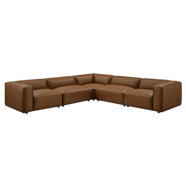 Auren 129.5 in. Square Arm 5-Piece Upholstered Vegan Leather L-Shaped Sectional Sofa in Coffee Brown