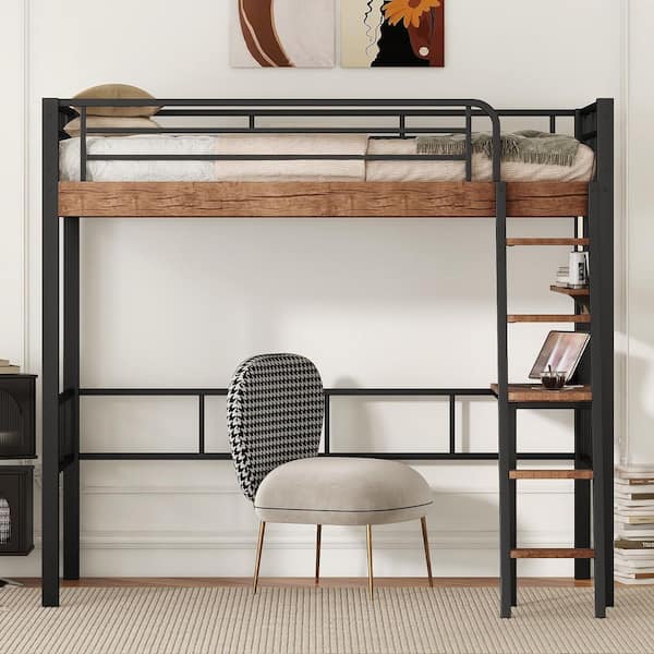 Black Twin Metal and Wood Loft Bed with Desk and Ladder