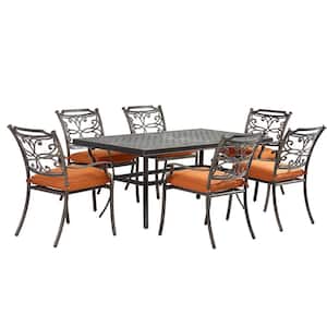 Charcoal Gray 7-Piece Cast Aluminum Rectangle Outdoor Dining Set and Flower-Shaped Chairs with Orange Cushions