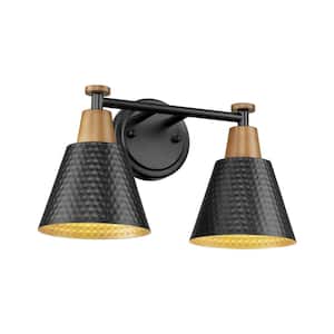 15 in. 2-Light Black Vanity Light with Hammered Metal Shade Gold Inside
