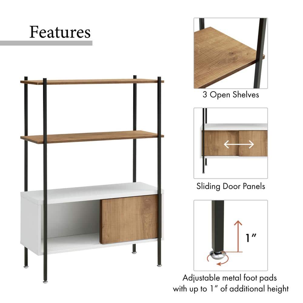 White and Oak Adjustable 3-Shelf Bookcase with Sliding Doors