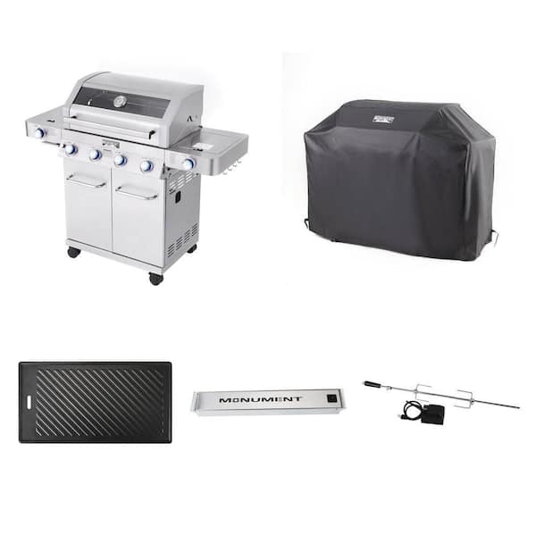 4-Burner Stainless Grill with Clear View Lid, 54 in. Cover, Cast Iron Plate, Smoke Box and Rotisserie Kit