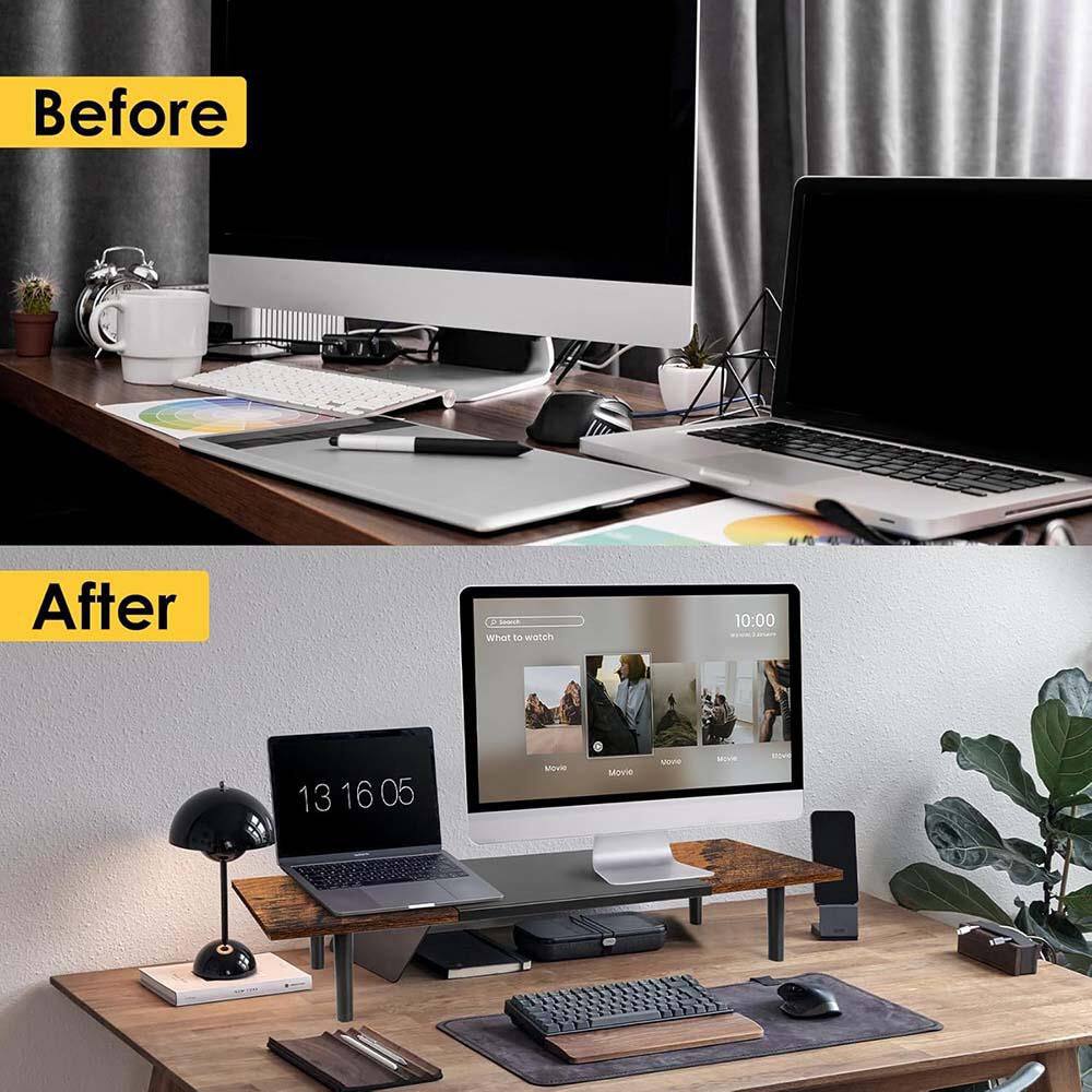 Dual Monitor Stand Riser Adjustable Length 32-40 Inch Desktop Organizer for Computer/Laptop/PC/Printer/TV Brown - Thumbnail 5