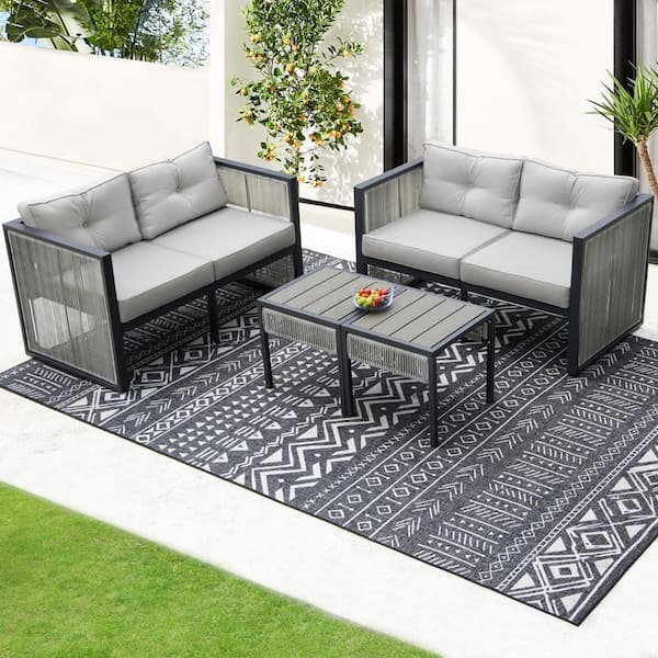 FINCATI Gray 6-Pieces PE Wicker Outdoor Patio Sectional Set with Cushions and 2 Side Tables