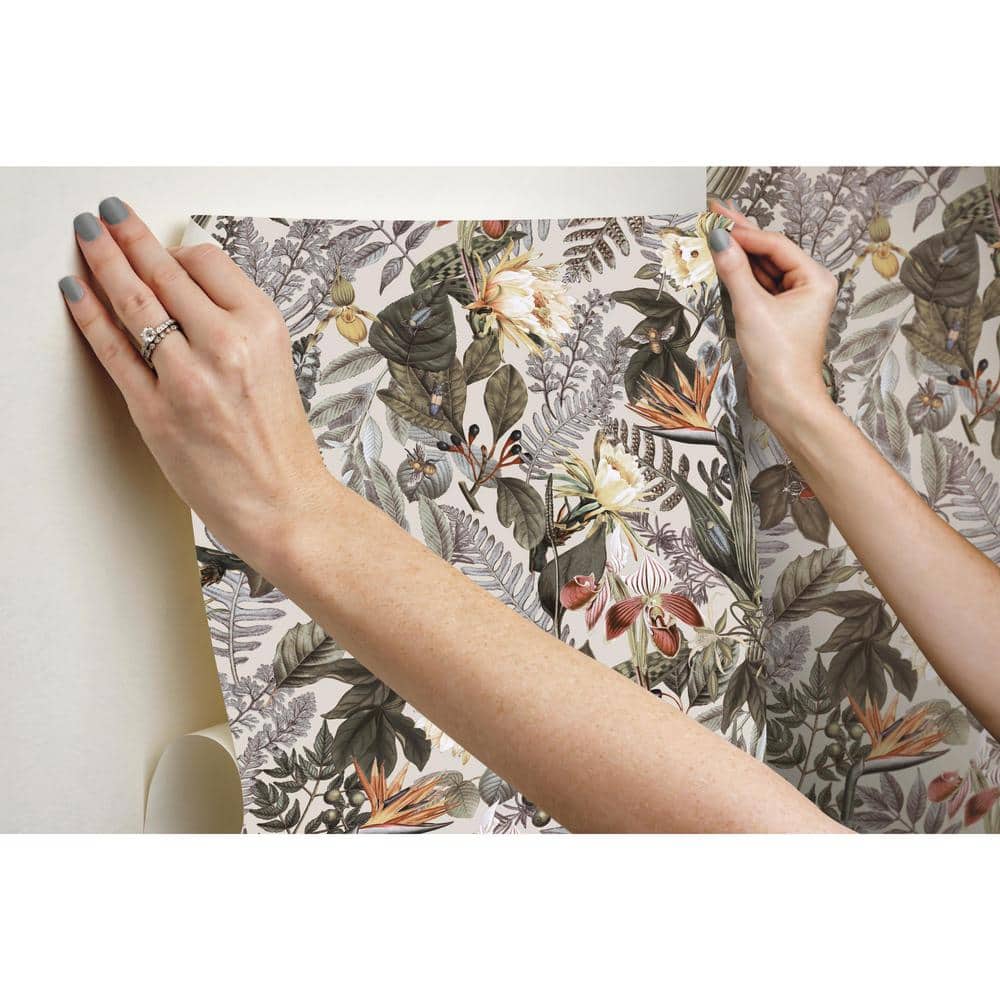 Beige and Green Vinyl Tropical Floral Peel and Stick Wallpaper Roll